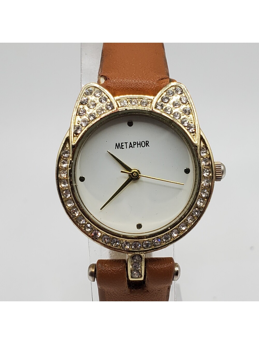 Metaphor Rhinestone Quartz Watch Women 26mm Gold Tone Brown Band New Battery